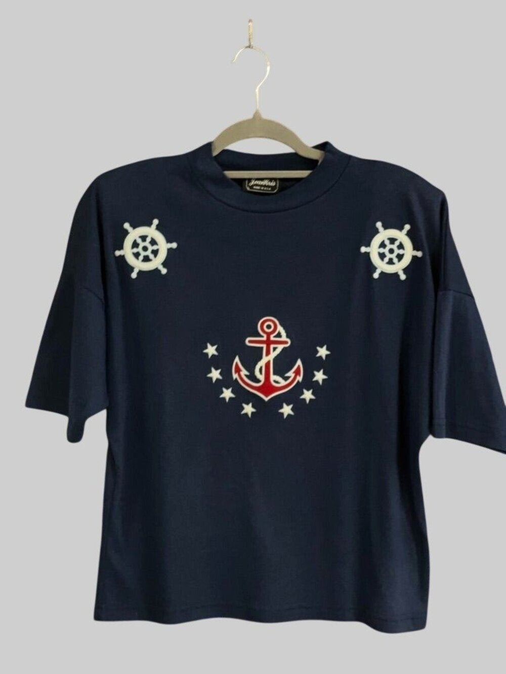 Vintage JeanKris Nautical T-Shirt Navy Anchor Graphic Cotton Blend USA Size L